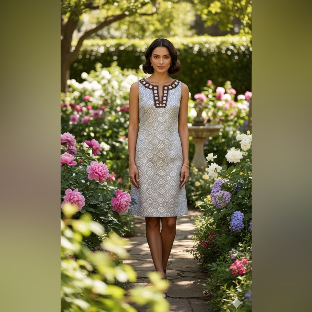 Tory Burch Jeweled V-neck Sheath Rosario Dress Sleeveless Silver Metallic